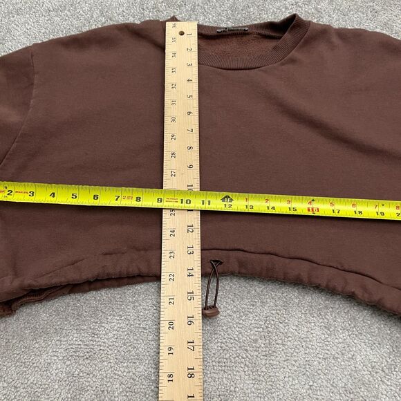 Zara Cropped Drawstring Pullover Sweatshirt Womens Large Brown Fleece Casual - Picture 7 of 11